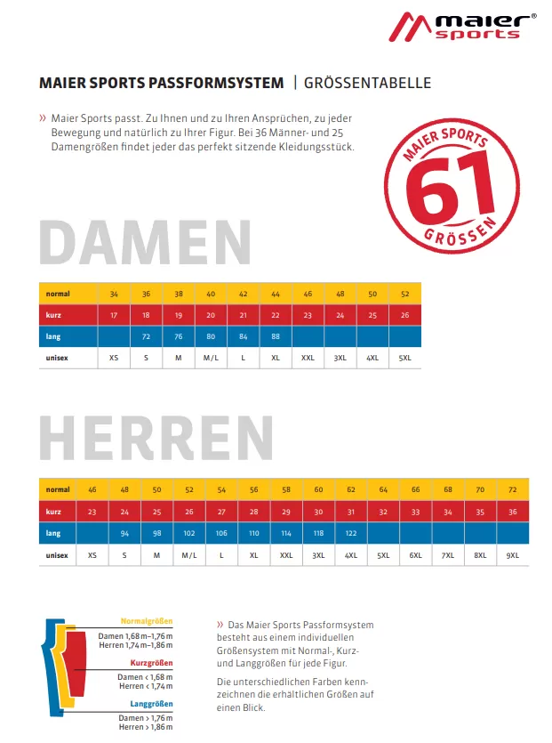 Maier Sports Size Chart